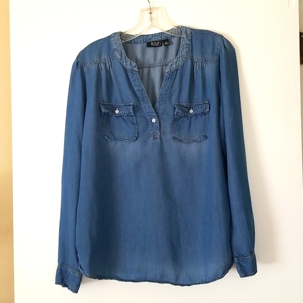 a.n.a Blue Denim Style Western Cowgirl Long Sleeve Shirt Size PM